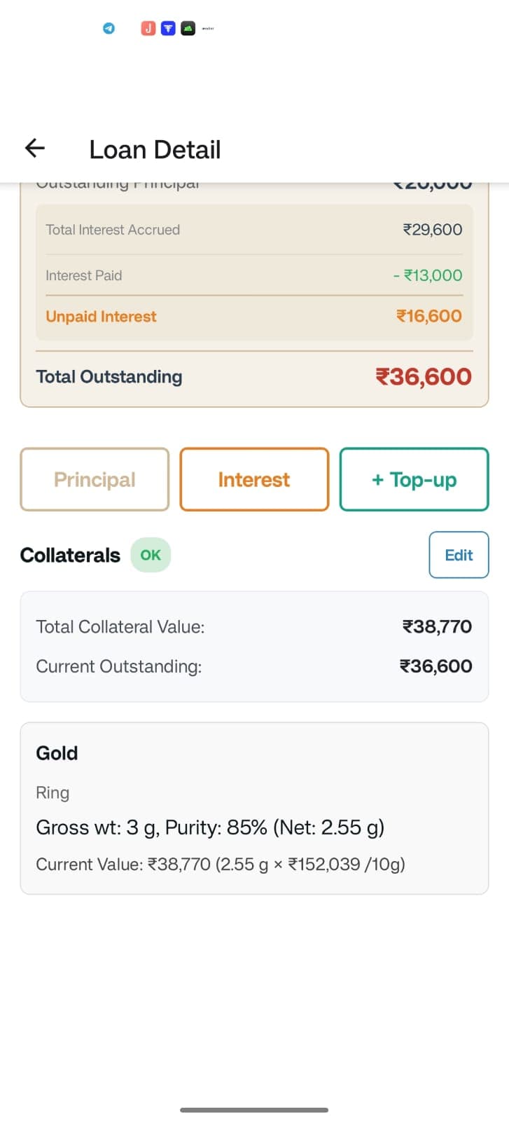 SthirApp Dashboard with Total Outstanding and Collateral Mix